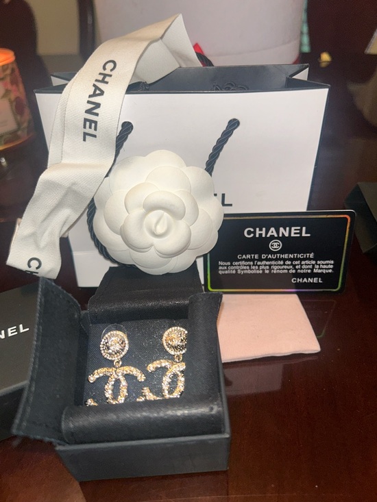 CHANEL Jewelry - CHANEL Gold Crystal CC Drop Earrings